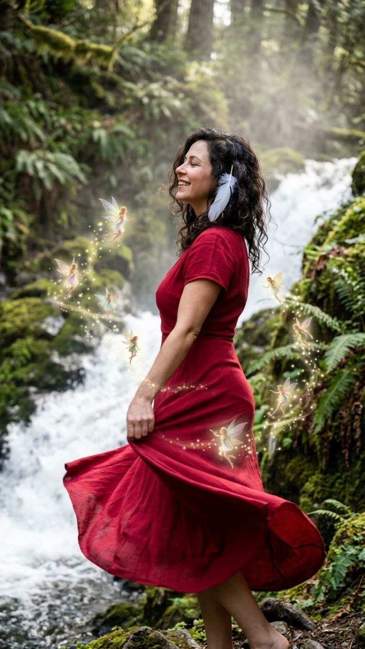 Alice Ferro nel bosco con abito rosso