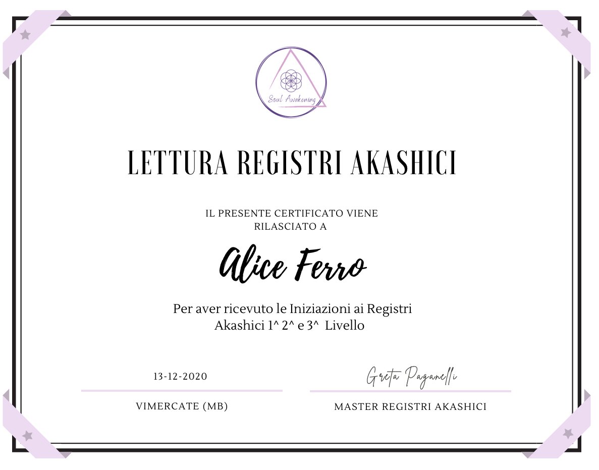 Attestato Lettura Registri Akashici (1°, 2° e 3° livello) di Alice Ferro