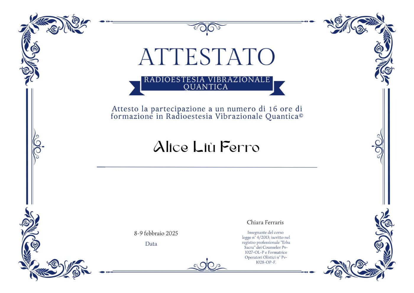 Attestato Radioestesia Vibrazionale Quantica di Alice Liù Ferro