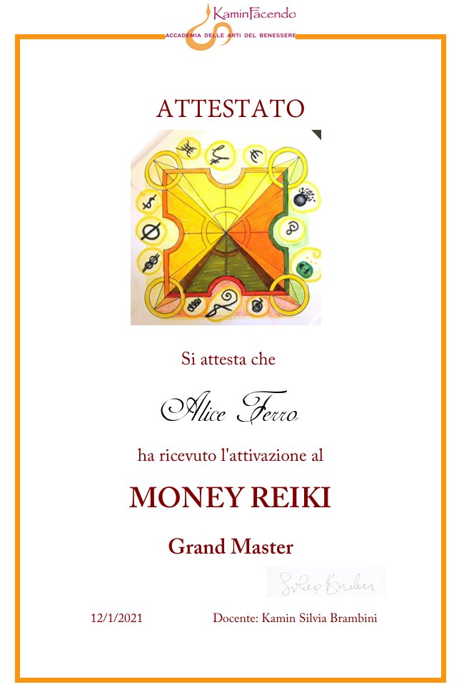Attestato Money Reiki Grand Master di Alice Ferro