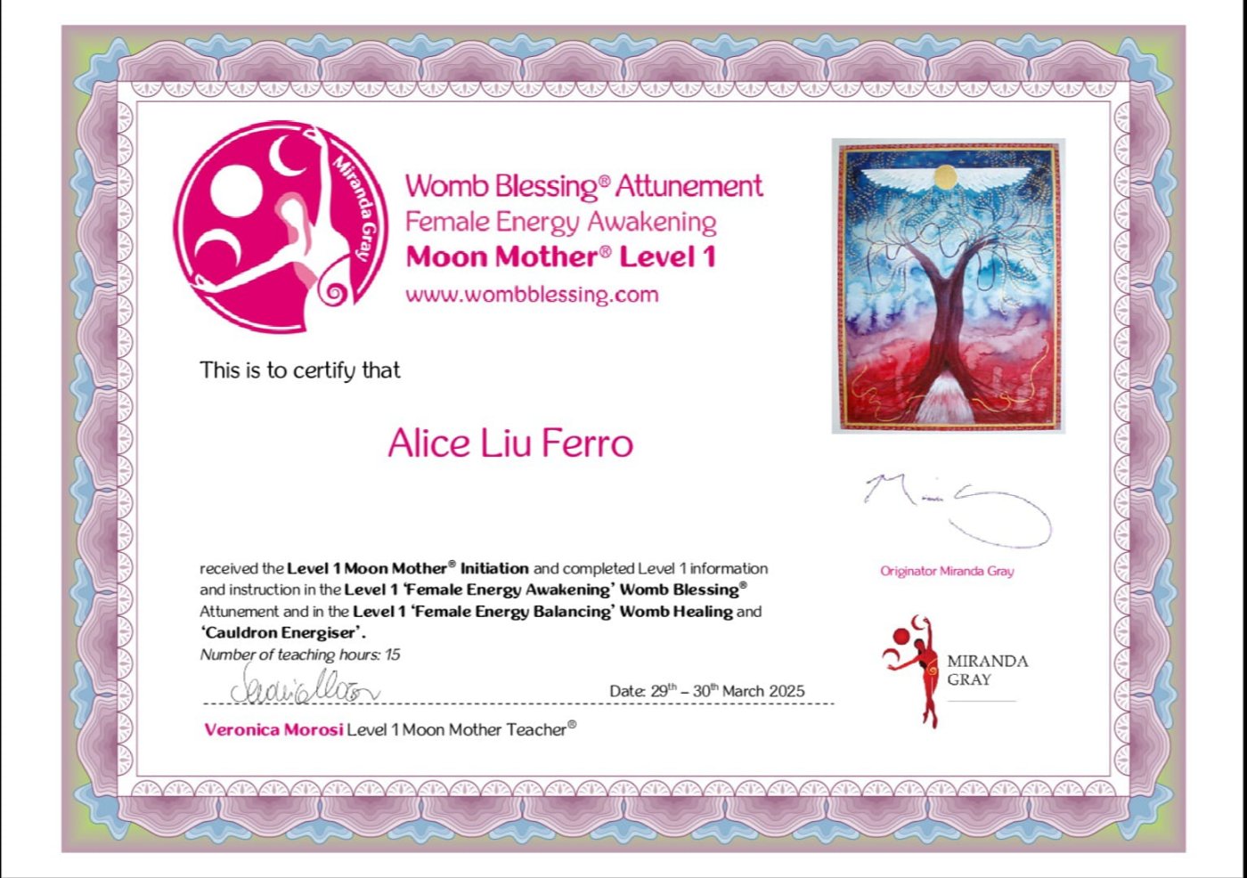 Attestato Womb Blessing Attunement — Moon Mother Level 1 di Alice Liu Ferro