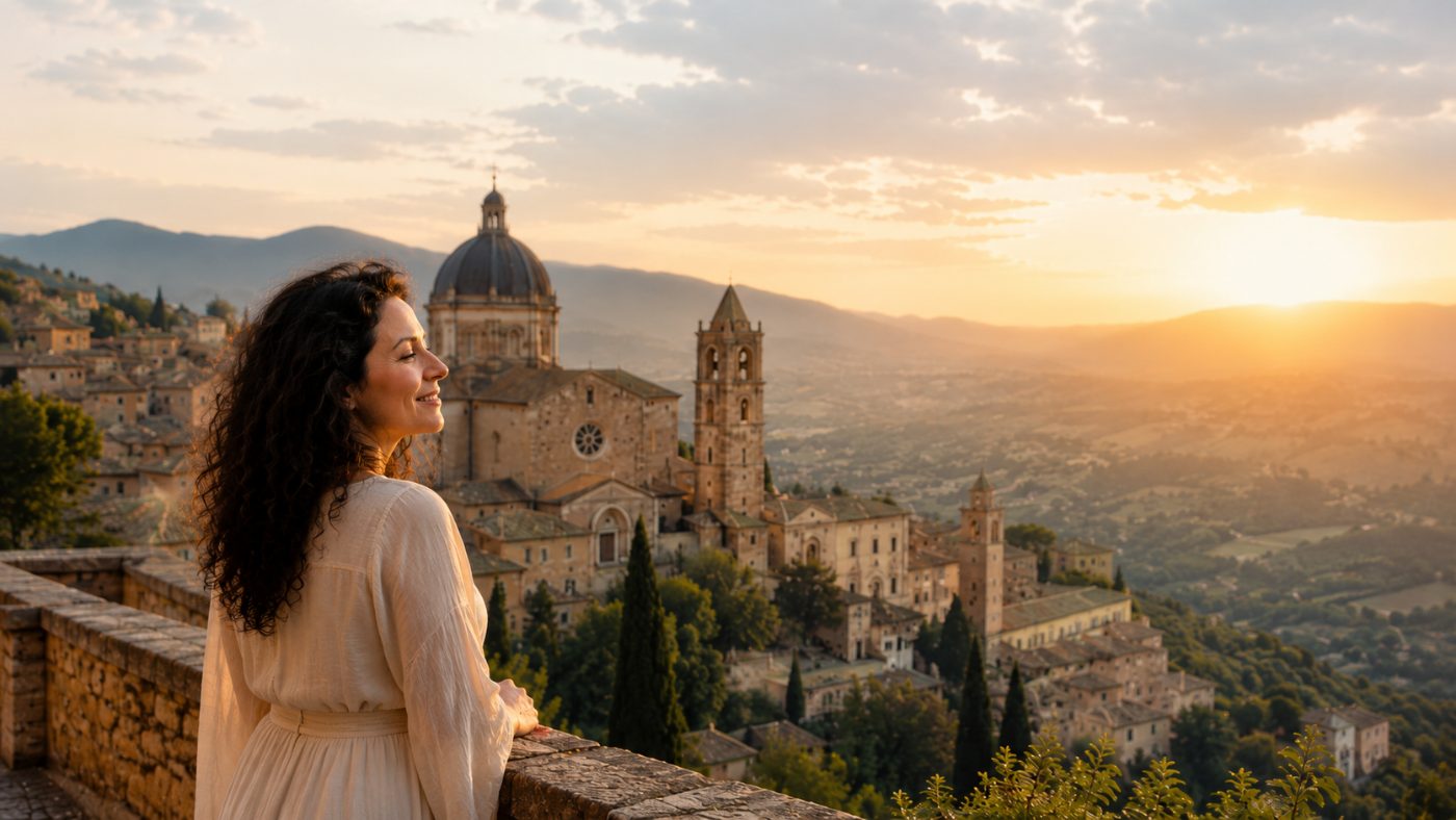 Donna che contempla una cattedrale e un panorama collinare al tramonto, percorso Essenza in Viaggio