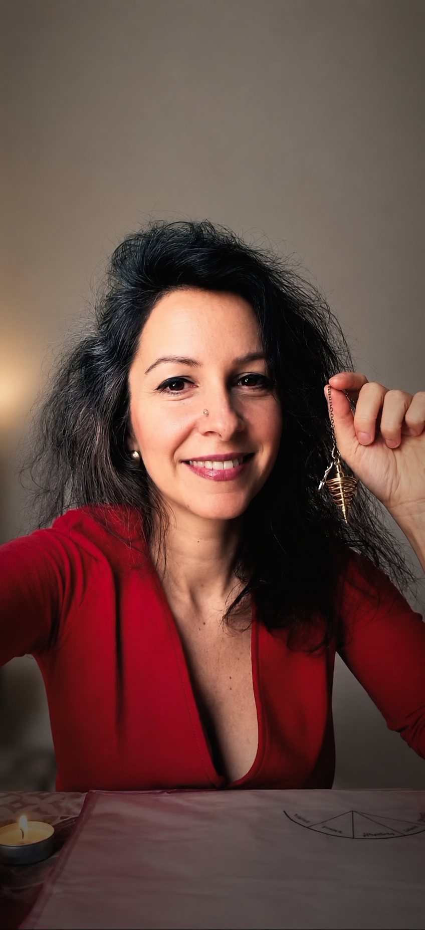 Alice Ferro durante una sessione di accoglienza, con il pendolo per la radioestesia