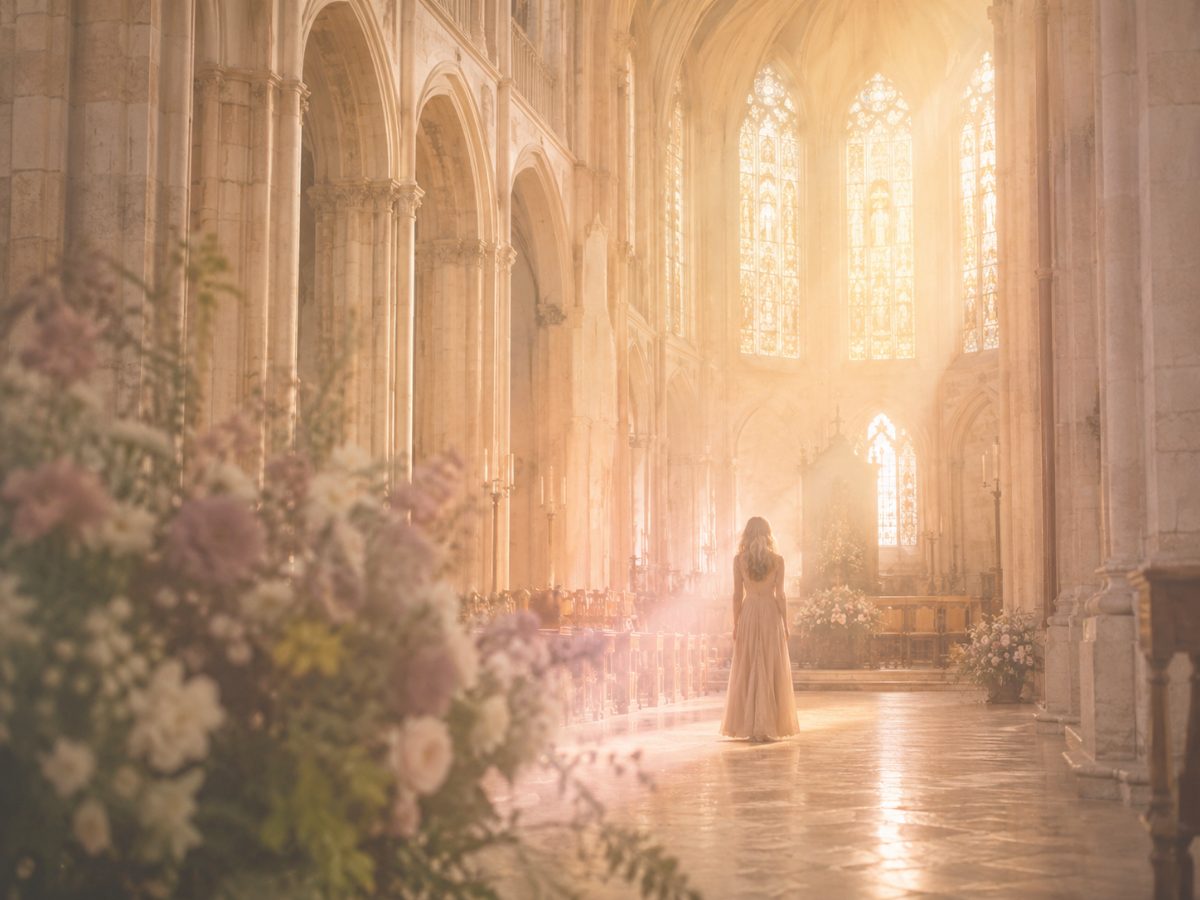 Donna in preghiera in una cattedrale luminosa, frequenze dei Luoghi sacri
