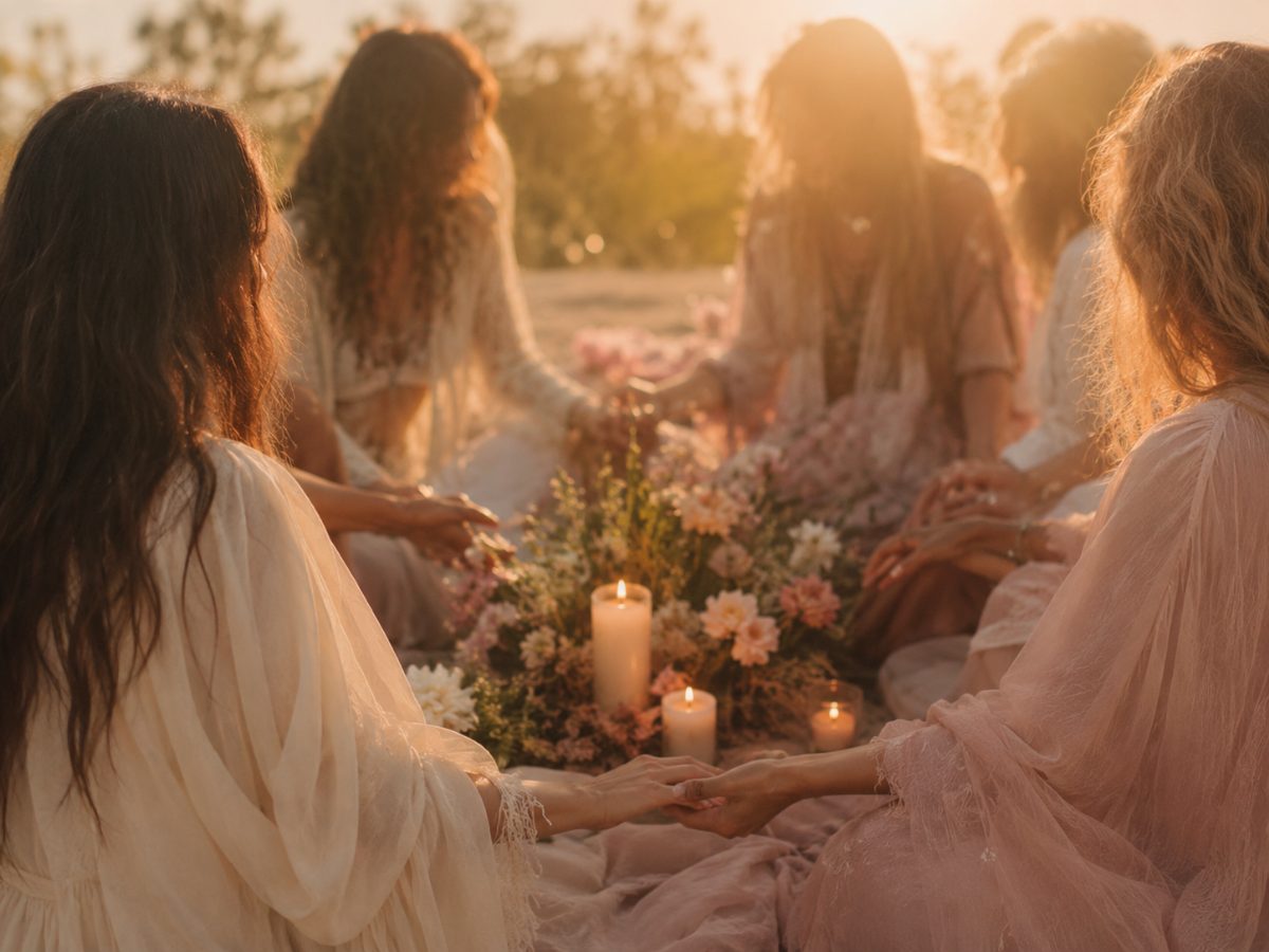 Cerchio di donne in meditazione al tramonto, momento di condivisione di Essenza in Viaggio