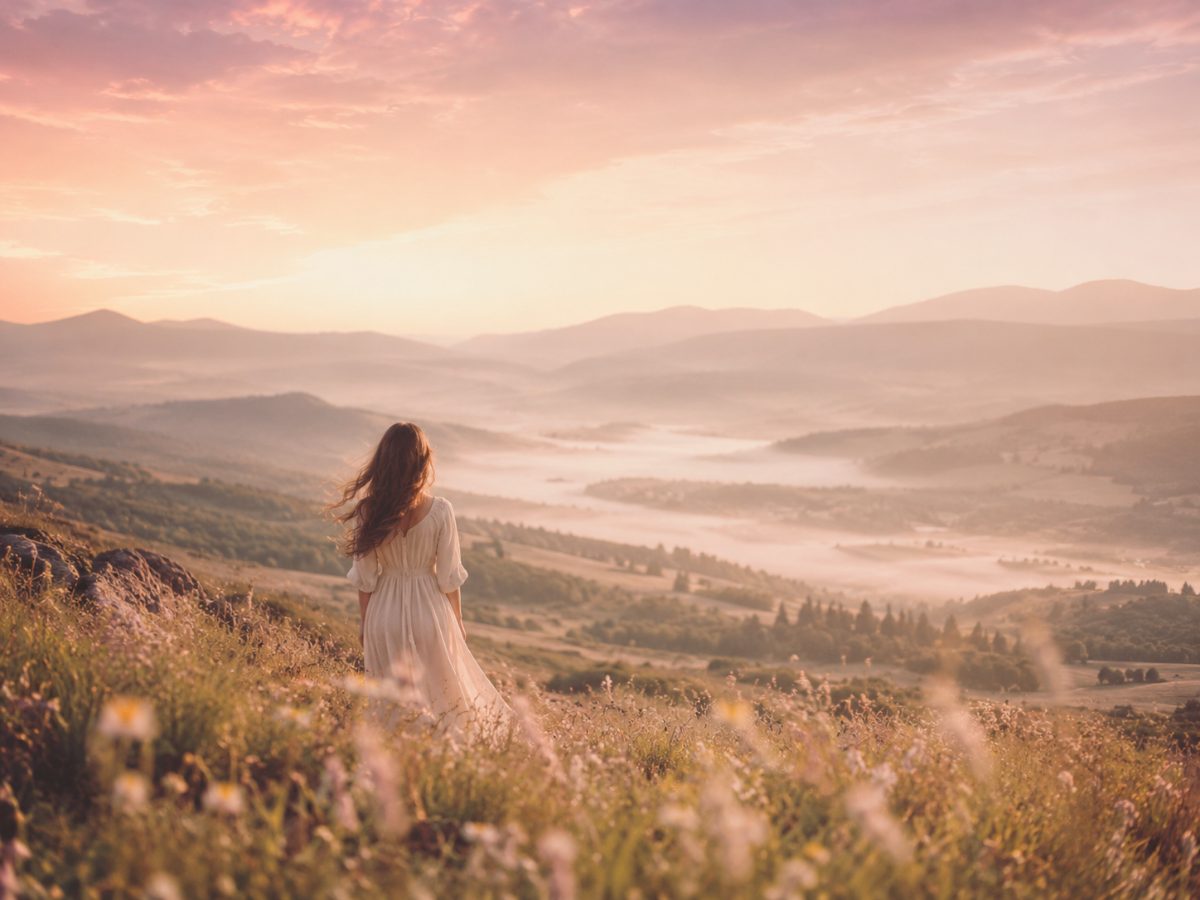 Donna che contempla un panorama di colline al tramonto, viaggio dell'anima
